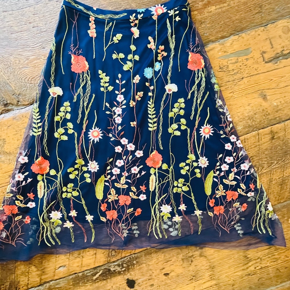 Anthropologie Navy Blue Skirt with Floral Embroidery